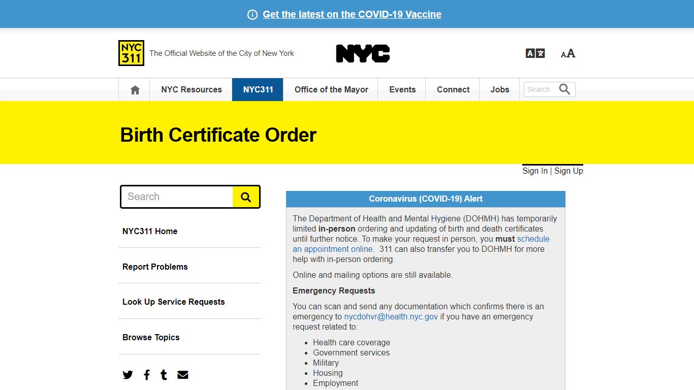 Birth Certificate Order · NYC311 - New York City